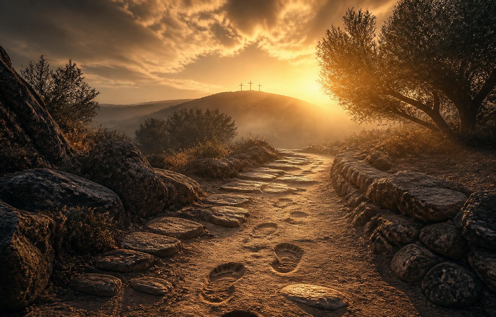 Ancient stone path with sandal footprints leading toward three crosses on a hill at sunrise — following the footsteps of Christ in reconciliation
